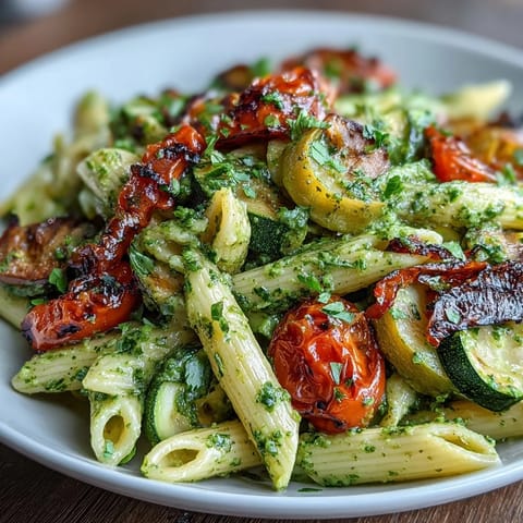 Colorful roasted vegetables and cherry tomatoes tossed with al dente pasta and vibrant pesto for a satisfying vegetarian dinner.