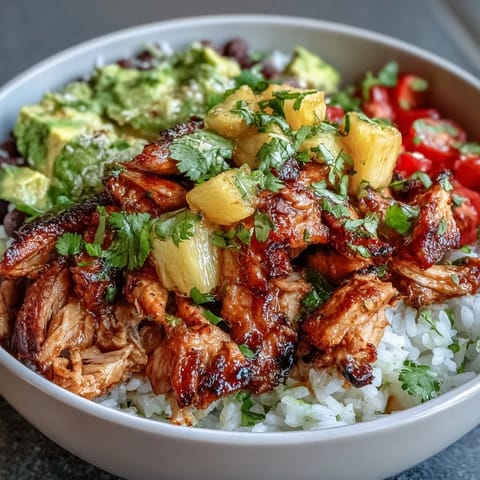 Colorful Chicken Pineapple Taco Bowls with Coconut Rice topped with fresh pineapple salsa and sliced avocado for a tropical twist.  