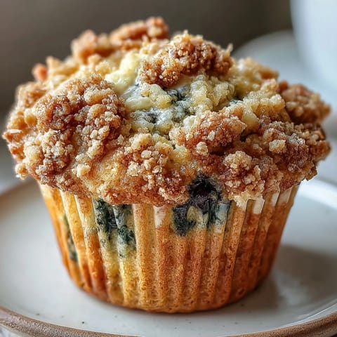 A close-up view of golden Lemon Blueberry Sourdough Crumb Muffins topped with buttery streusel and bursting with juicy berries.