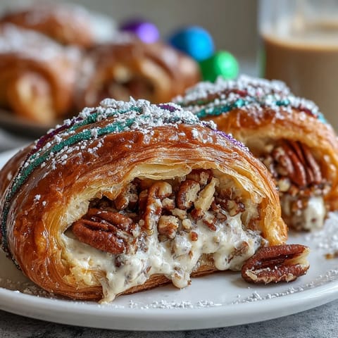 Golden-brown croissants stuffed with spiced pecan filling, drizzled with icing and festive Mardi Gras sugars.  