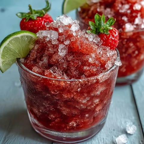 A frosty, vibrant strawberry daiquiri slushie served in a chilled glass with a lime wedge and fresh berries on the rim.