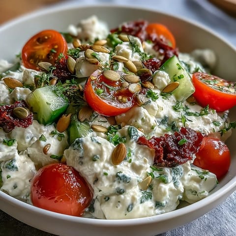 A colorful Savory Cottage Cheese Breakfast Bowl with crisp veggies, fresh herbs, and a drizzle of olive oil for a healthy start.