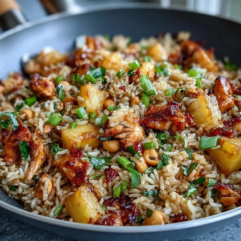 Hawaiian pineapple chicken fried rice with tender chicken, sweet pineapple, and colorful veggies in a savory soy glaze.