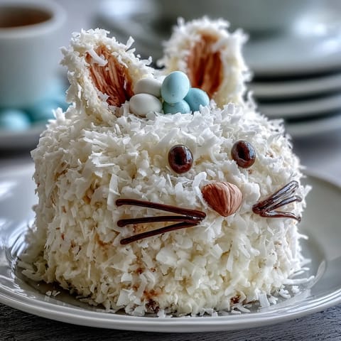 A whimsical Easter Bunny Cake with coconut frosting, decorated with candy eyes, licorice whiskers, and a fluffy marshmallow tail.