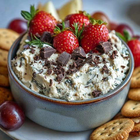 Creamy cottage cheese cookie dough dip with chocolate chips, perfect for serving with fresh strawberries and apple slices.