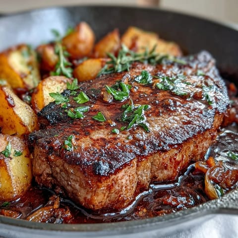Garlic Butter Steak Bites and Potatoes sizzle in a cast-iron skillet, showcasing tender sirloin and golden potatoes bathed in rich, fragrant garlic butter sauce.