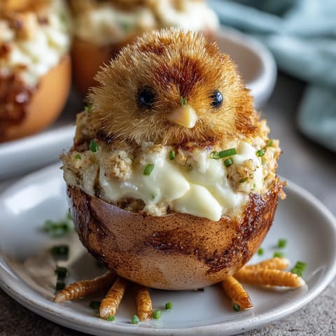 Adorable deviled eggs shaped like hatching chicks, decorated with carrot feet and black olive eyes.