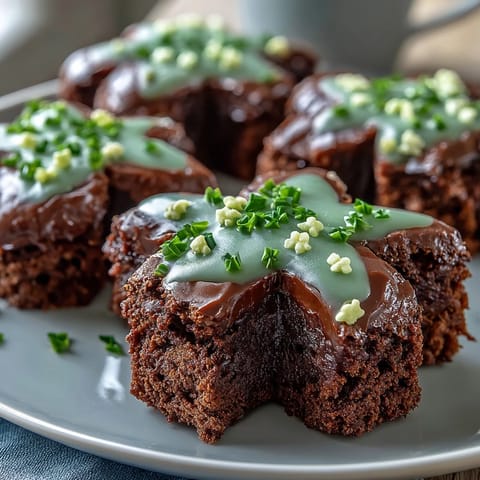 Shamrock-shaped brownies with rich chocolate base and bright green icing for St. Patricks Day dessert fun.