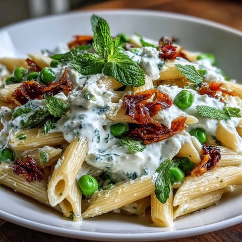 Fresh pea and ricotta pasta with mint, topped with Parmesan and lemon zest for a creamy spring meal.