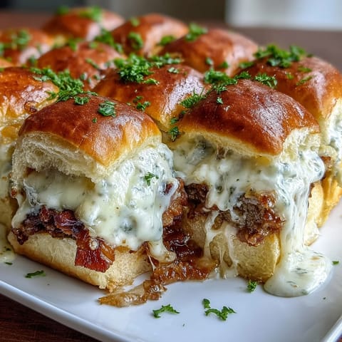 Golden Derby Party Hot Brown sliders with roast turkey, crispy bacon, and creamy Mornay sauce on buttery brioche buns, garnished with fresh parsley.  