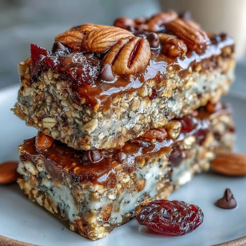 No-Bake Granola Energy Bars packed with oats, nuts, and dried fruit in a glass pan.