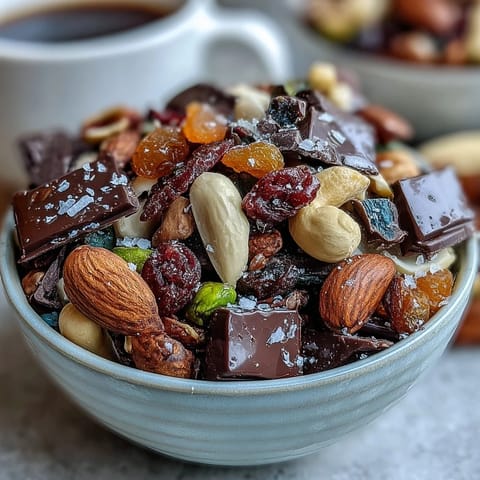 Crunchy nuts and chewy dried fruits mixed with rich dark chocolate chunks, an energizing trail mix for beach outings or hikes.