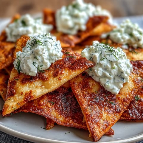 Crispy golden pita chips paired with a cool, creamy tzatziki dip — perfect for a refreshing snack.  