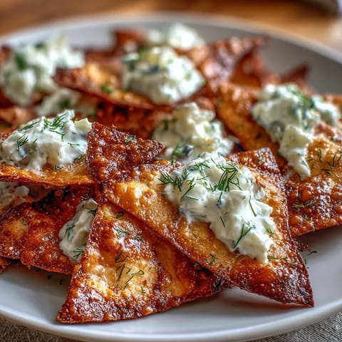 A bowl of smooth, garlicky tzatziki surrounded by crunchy, oven-baked pita chips for dipping.  