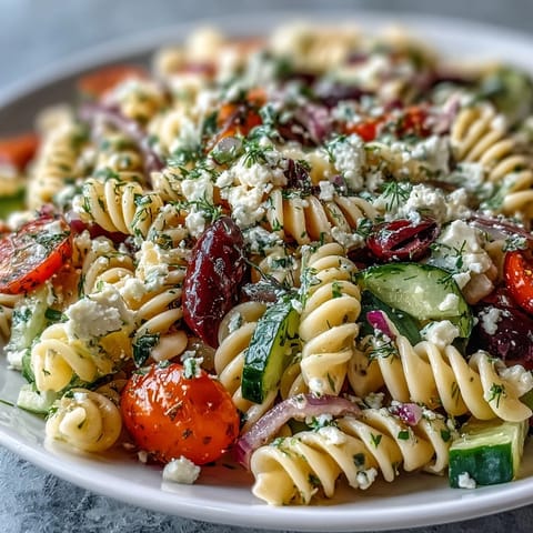 Bright and zesty summer pasta salad featuring cherry tomatoes, cucumbers, and creamy feta in a tangy dressing.