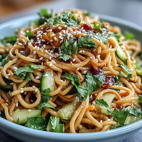 Cold Sesame Noodle Bowl with Cucumber, vibrant and refreshing, featuring chilled noodles in creamy sesame sauce, crisp cucumber, and fresh herbs.