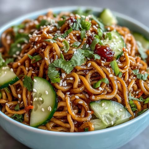 Creamy sesame noodles with crunchy cucumber, carrots, and cilantro, a perfect vegetarian dish for hot summer days or quick lunches.