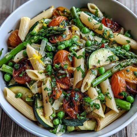 Vibrant Spring Pasta Primavera with fresh vegetables, herbs, and a light lemon-Parmesan sauce, perfect for a healthy vegetarian dinner.