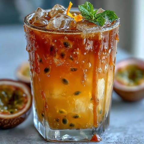 Tropical Sunrise Mocktail: vibrant passionfruit and orange layers melting into a refreshing glass.