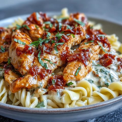 Viral Marry Me Chicken Pasta, garnished with fresh basil and tender chicken.