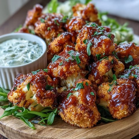Smoky Vegan BBQ Cauliflower Wings with creamy ranch, perfect appetizer.