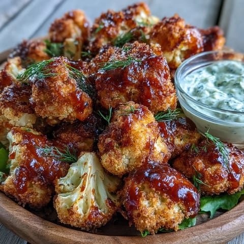 Crispy BBQ Cauliflower Wings, a healthy snack served with cool dip.