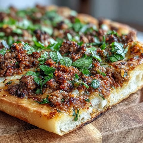 Close-up of Turkish Lahmacun Pizza with savory lamb topping, crispy crust.