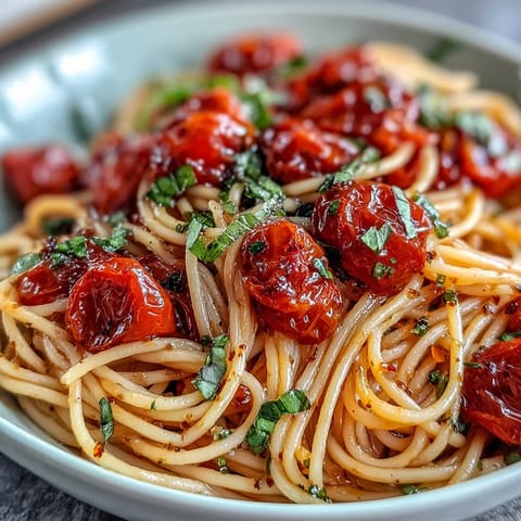 Summery cherry tomato confit pasta, glistening with garlic oil and fresh basil.