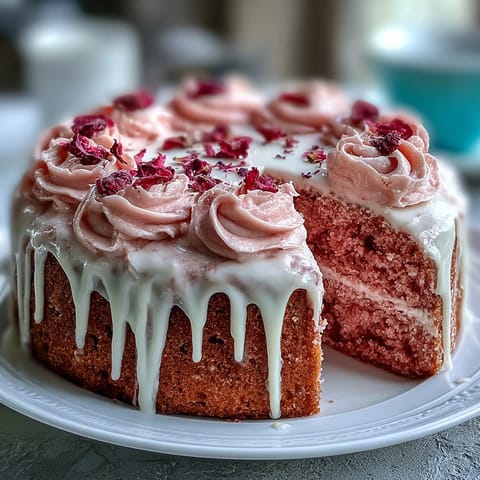 Pink velvet cake with rosé, topped with a luxurious gold drizzle.