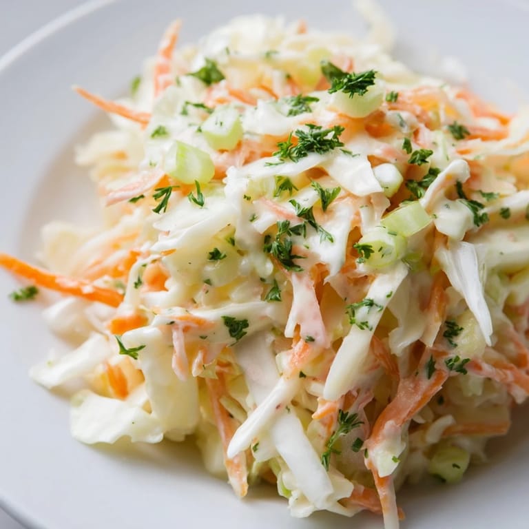 A close-up shot of creamy coleslaw with apple, showcasing the crisp vegetables and dressing.