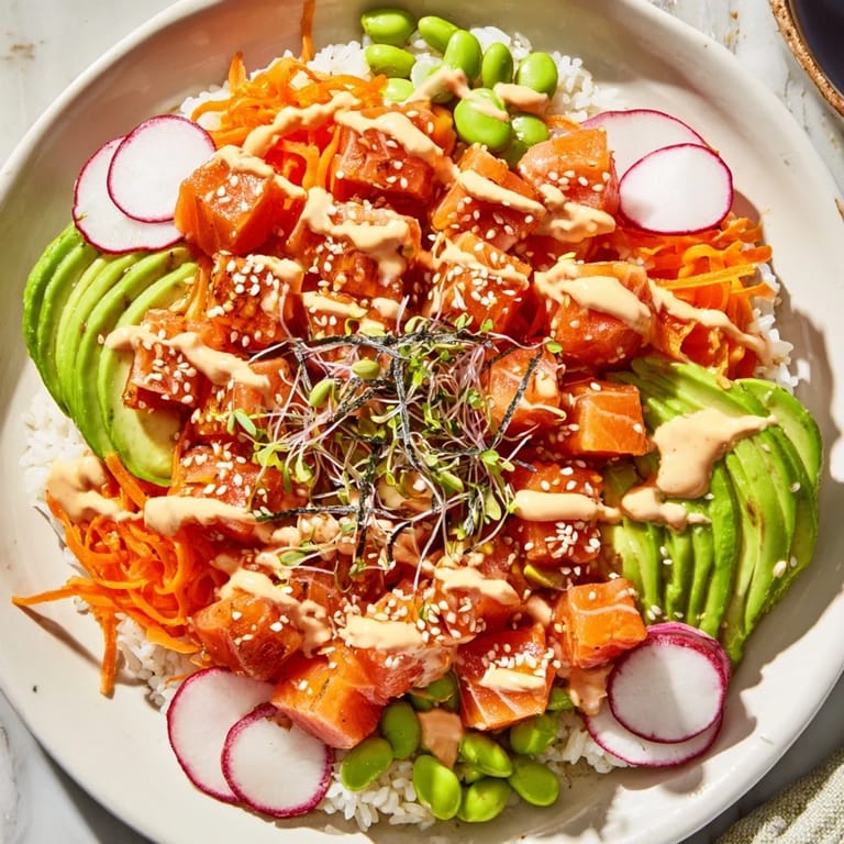 A colorful close-up of a homemade poke bowl showcasing fresh salmon and rice details.