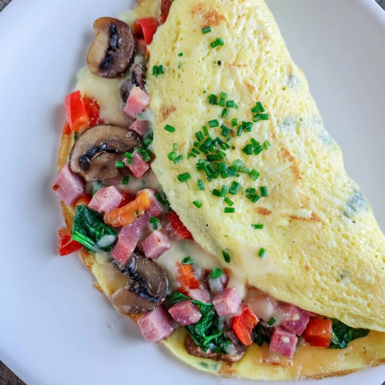 Freshly made omelet with cheese, garnished with chives; a delicious and savory meal.