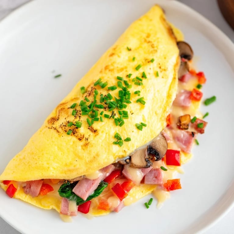 Fluffy French omelet with cheese, featuring a golden exterior and warm, bubbling cheese inside.