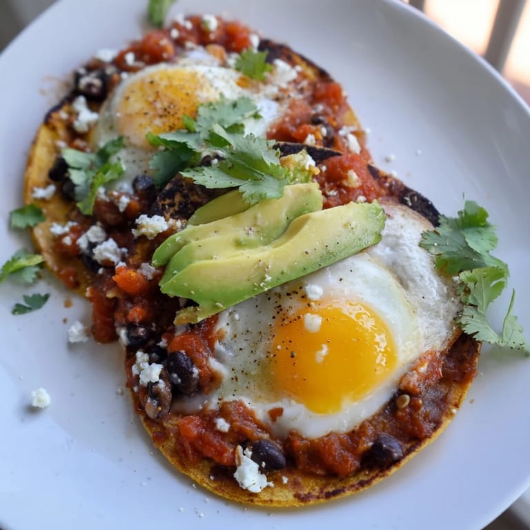 Golden fried eggs sit atop tortillas, generously covered in a flavorful Huevos Rancheros sauce, ready to eat.