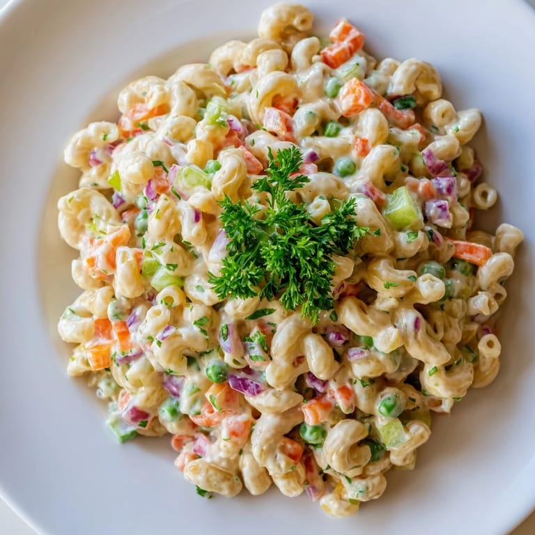 A bowl of fresh macaroni salad, showing colorful vegetables mixed in a rich, tangy dressing.