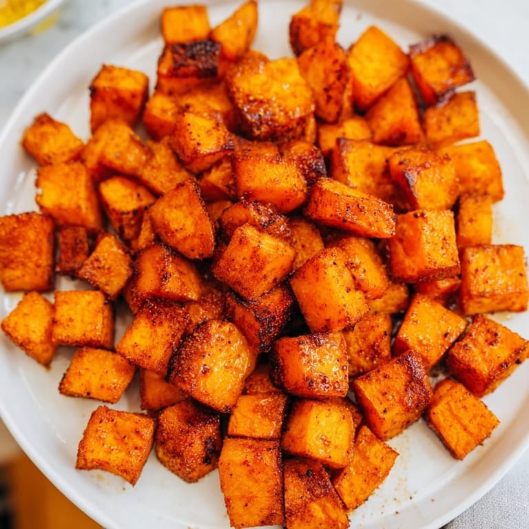 Oven-roasted sweet potatoes, seasoned with paprika and cumin, perfect for a vegan-friendly dinner.