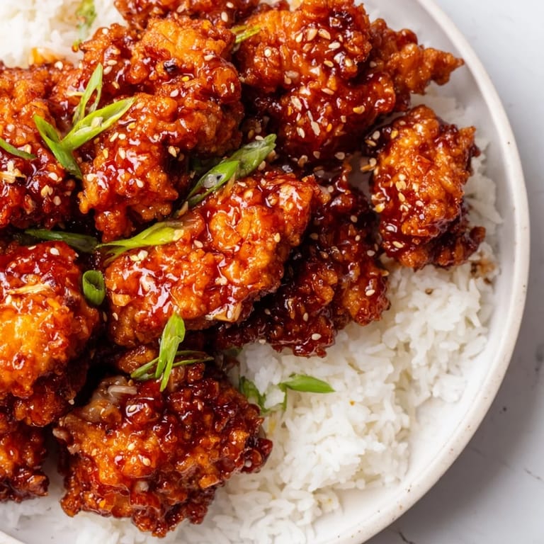 Savory General Tso's Chicken with a sweet and spicy glaze ready to eat, a perfect dinner option.