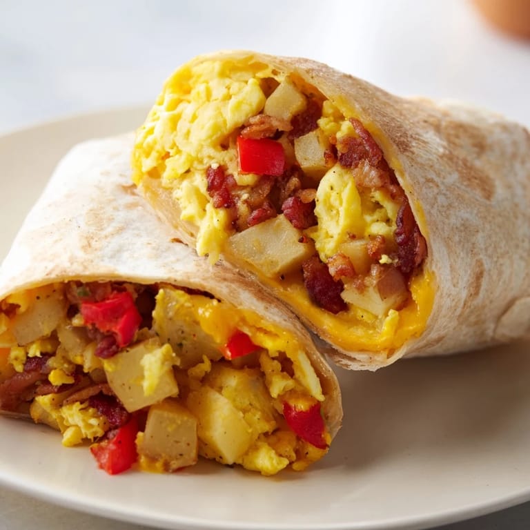 A close-up view of a warm, perfectly rolled breakfast burrito ready to enjoy with a side of salsa.