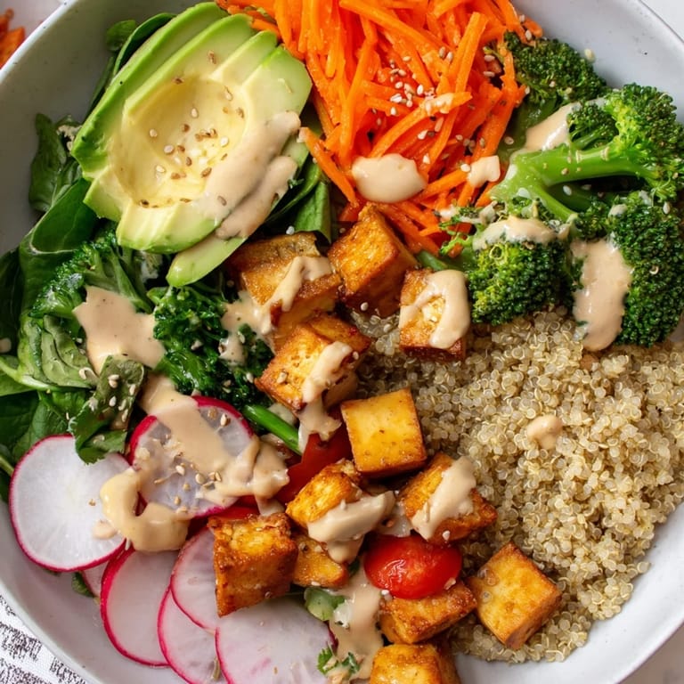 This Buddha bowl displays a delicious contrast with fluffy grains, fresh toppings, and grilled tofu.