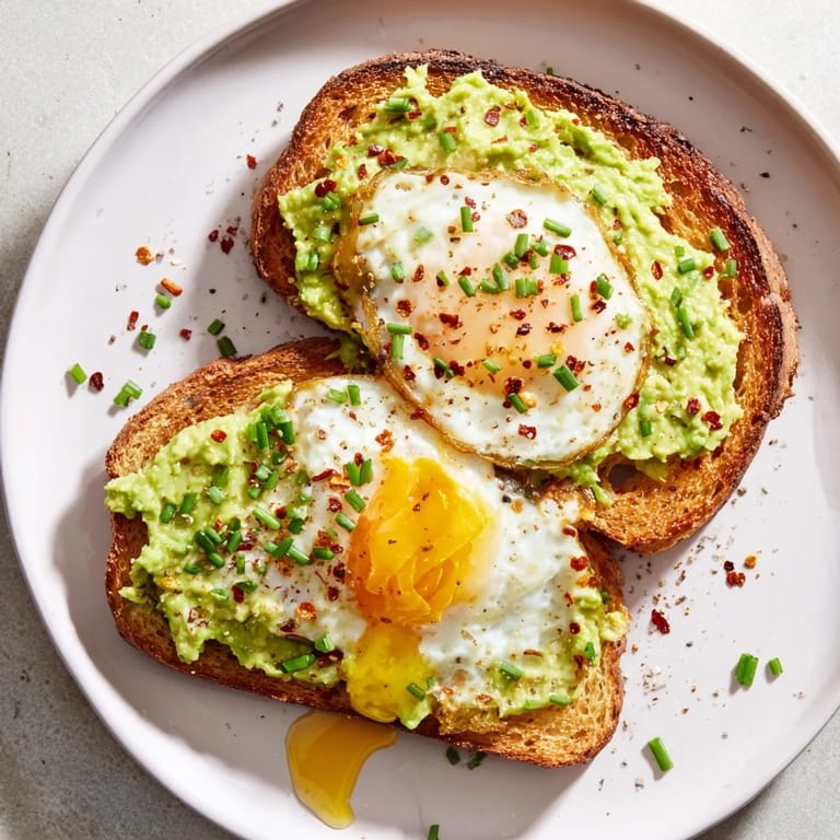 Freshly mashed avocado on toast, accented by bright green chives, makes a perfect avocado toast.