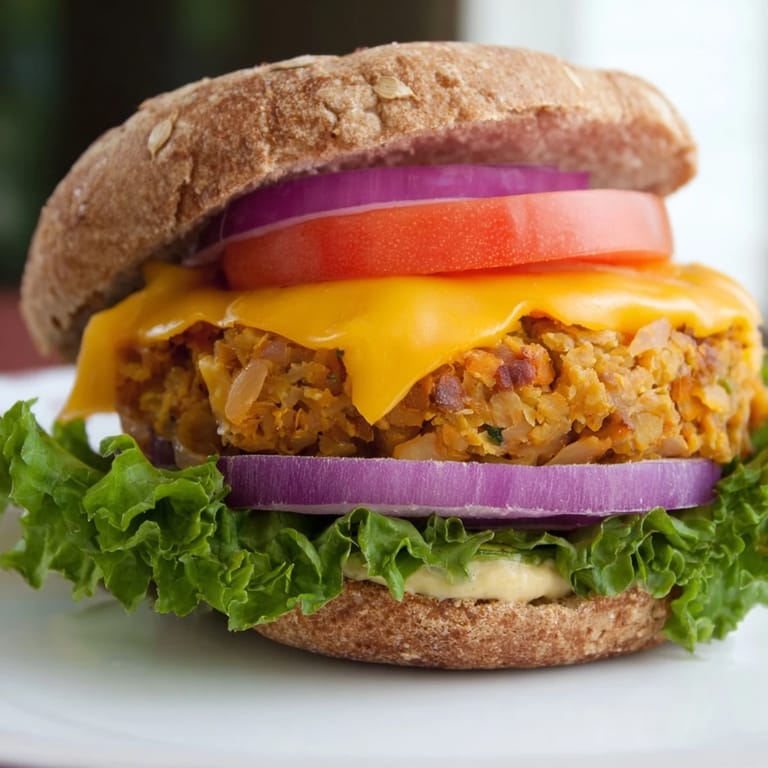 Served with pickles and toppings, this flavorful veggie burger looks irresistible.