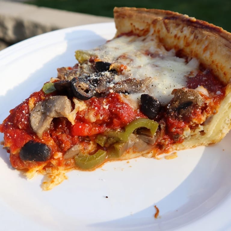 A close-up of a loaded Deep Dish Pizza, featuring melted cheese and savory pepperoni toppings.