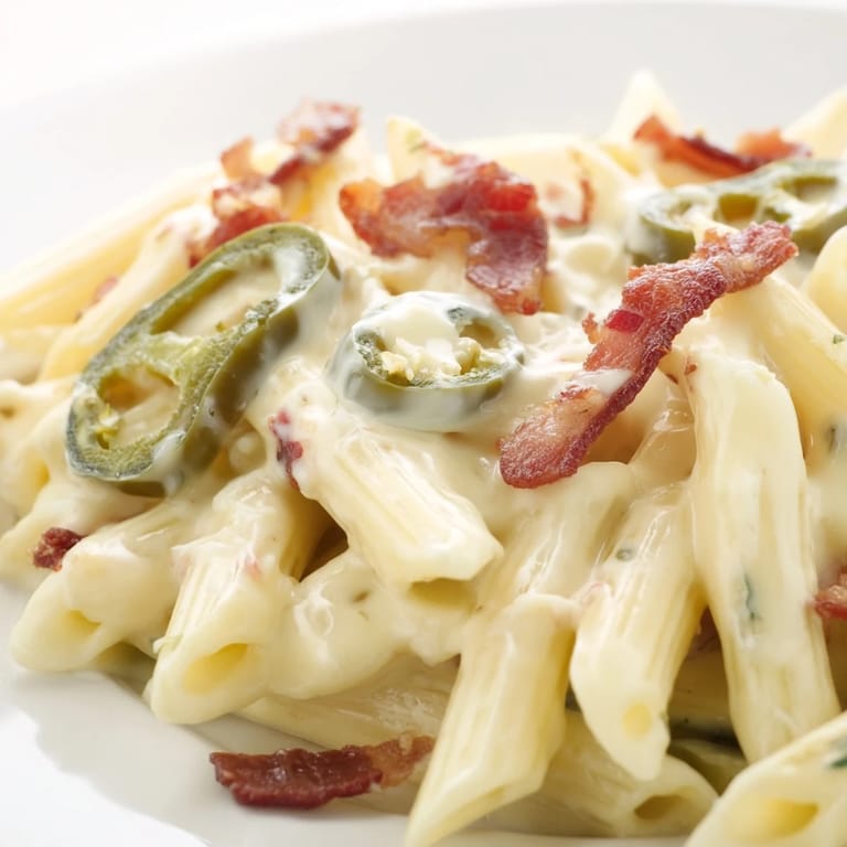 Steaming jalapeño popper pasta with creamy cheddar sauce, roasted peppers, and toasted panko breadcrumbs in a serving dish.