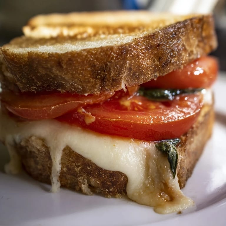 Golden-brown Tomato Basil Grilled Cheese featuring fresh basil leaves and melted cheese oozing between sourdough bread.