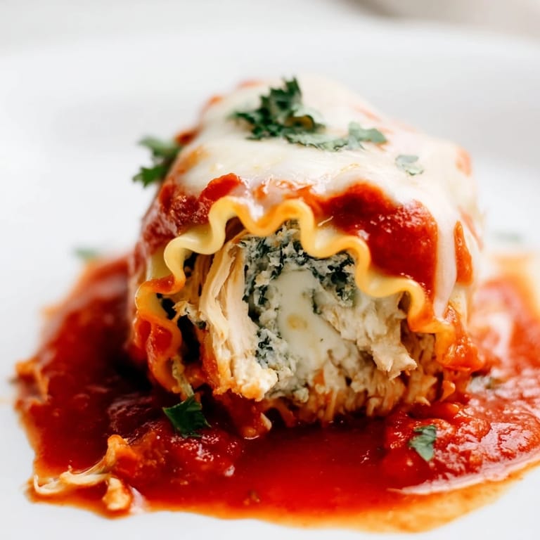 A close-up of Chicken and Spinach Lasagna Rolls with rich marinara and golden cheese, ready for a weeknight dinner.