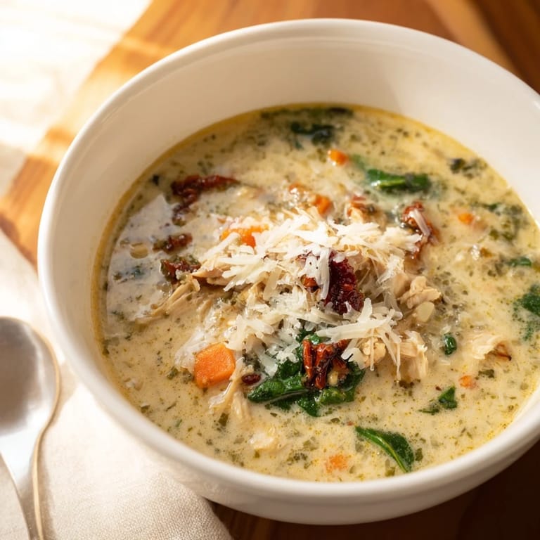 A close-up of Creamy Tuscan Chicken Soup, highlighting tender chicken, vibrant spinach, and sun-dried tomatoes in a creamy broth.
