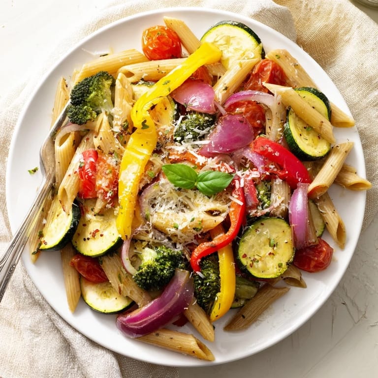 This hearty Vegetarian Pasta Primavera showcases colorful broccoli, squash, and bell peppers, ready for a satisfying weeknight dinner.