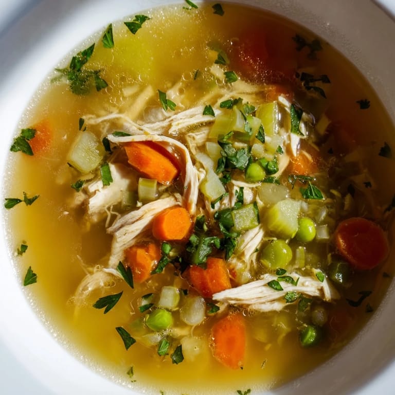 Steam rises from a comforting bowl of Spring Garden Chicken Soup, revealing vibrant green peas and diced zucchini alongside shredded chicken and sliced carrots in a light herb-infused broth.  