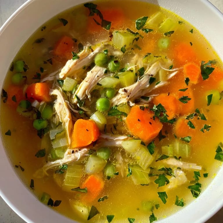 Spring Garden Chicken Soup served in a rustic ceramic bowl, featuring chunks of tender chicken and fresh spring vegetables, with a lemon wedge and crusty bread on the side.