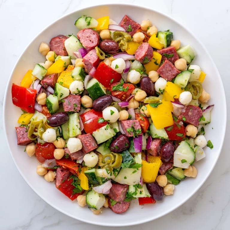 Vibrant bowl of Crunchy Antipasto Chopped Salad, featuring olives, pepperoncini, and fresh basil, ready to serve as a light meal.